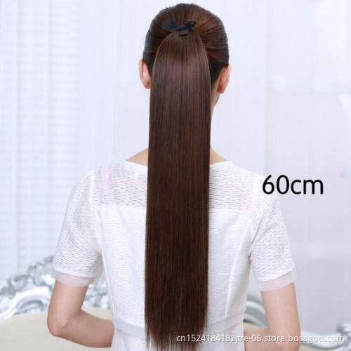 black straight drawstring ponytail hair piece, clip in long straight ponytail hair extension